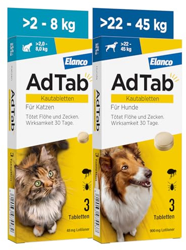 AdTab Kombi-Set: Zecken- & Flohschutz für eine Katze mit >2-8 kg und einen Hund mit >22-45, 2 Packungen mit je 3 Kautabletten, einfach zu verabreichen & schmackhaft