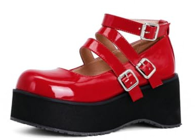Mary Janes con Plataforma Gótica para Mujer con Correa De Charol En El Tobillo Cuñas Tacón Bajo Y Grueso Zapatos De Tacón De Ocio,Rojo,38 EU