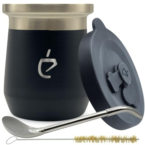 Un Mate Coffret Yerba Maté Thermolid DualFlow PRO Obsidian Black – Tasse Isotherme 230 ml, Bombilla PRO, Brosse, Couvercle Étanche (Noir)