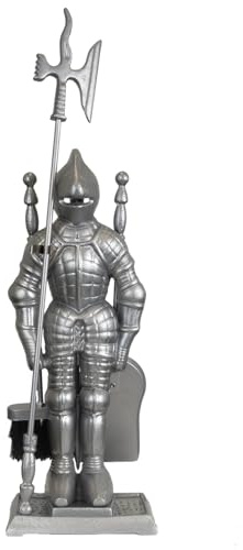 TRUTZHOLM Kamingarnitur Kaminbesteck Ritter Kaminset Ofenbesteck schwarz oder silber 4-tlg Schaufel, Besen, 1x Schürhaken, 1x Hellebarde Gusseisen (Silber)