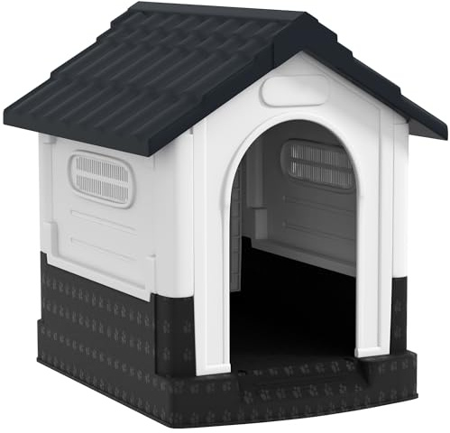 PawHut Caseta para Perros Mini para Exterior, Casa para Perros de Plástico con 3 Ventanas, Base Elevada, Techo de Tejas de Imitación, 64,5x57x66 cm, Gris Oscuro