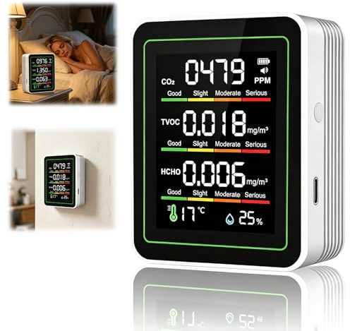 5-in-1 Air Quality Monitor (CO2 | TVOC | HCHO | Temperature | Humidity), CO2 Detector with Smart Alert, Real-Time Display Hygrometer Suitable for Homes, Offices, and Air Monitoring, White