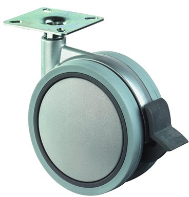 BSRollen Kunststoff-Doppelrolle m. Festst., grau, Durchm. 75 mm, Traglast 50 kg, Anschraubplatte, für harte Böden, V E 8 Stück