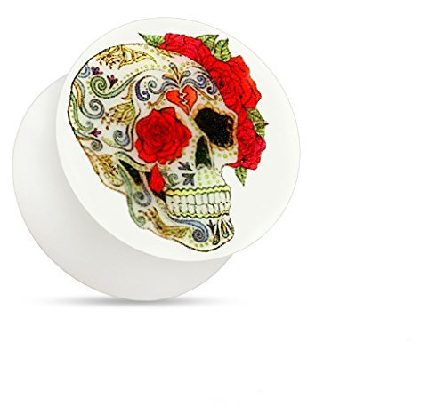 Tapsi´s Coolbodyart® Saddle Plug Acryl Weiß Zuckertotenkopf Rosen Nacht Leuchtend 8mm