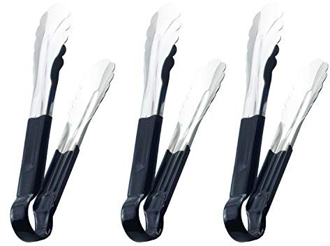 HINMAY Serving Tongs 9-Inch Metal Cooking Tongs with Soft Handle, Set of 3 (9 9 9 Inch, Black)