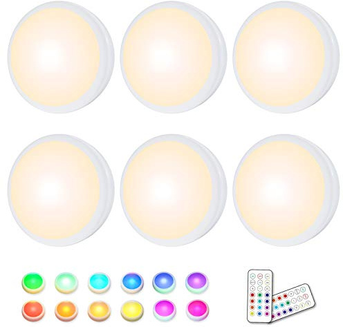 HELPLEX LED Puck Lights with Remote, 6 Pack Color Changing RGBW Stick-On Light, Battery Powered, Dimmable Under Cabinet Lighting with Timer & Memory, Wireless Push Lights for Kitchen & Closet