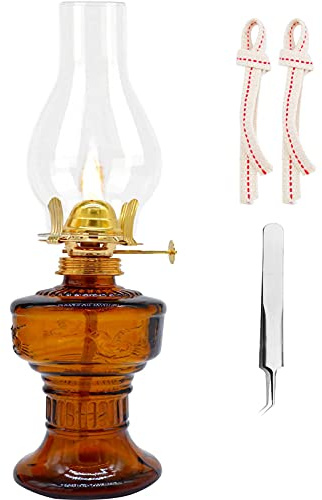 Kerosene Oil Lamp,1 Vintage Kerosene Lamp,1 Tweezers and 2 Wicks,Glass Hurricane Lantern for Indoor Lighting Decoration Outdoor Camping Use (Brown)