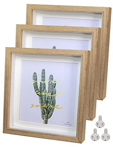 Dohomi 3D Profondo Box Colore legno Cornice 20x20cm 3 Pack Cornici per foto in legno massiccio e vetro reale Profondità 1,5 cm