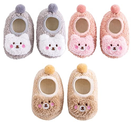 FedMois 3 Pairs Baby Boys Girls Non-Skid Indoor Fuzzy Slipper Shoes Socks Winter Warm, Pink, Grey and Beige, 12-18 Months