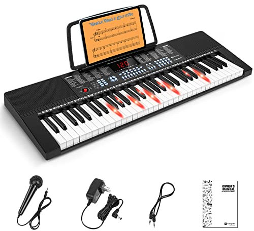 Vangoa VGK611 Elektronische Klaviertastatur, 61 Leucht Mini Tasten mit 3 Unterrichtsmodi, Digital Keyboard, 350 Töne, 350 Rhythmus, 30 Demos für Anfänger, schwarze