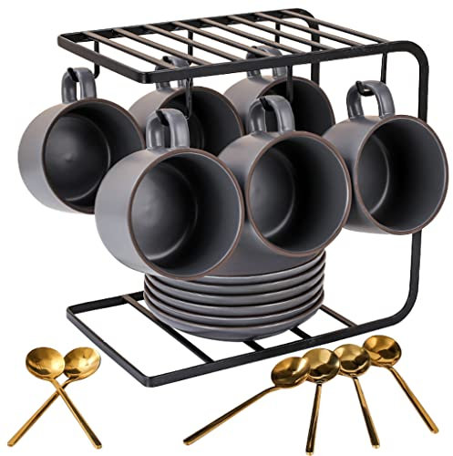 Tazas De Cafe Originales con Soporte Taza De Café De CeráMica Casera De Estilo Retro, Taza De Espresso Apilable con Plato, Taza De Desayuno con Textura Mate, Conjunto De Estilo JaponéS