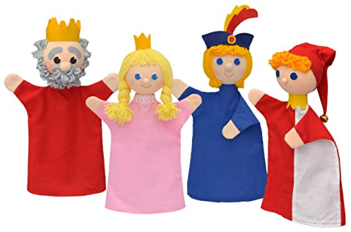 Set 4-Fach Handpuppe Puppe Handspielpuppe Plüschpuppe Märchenfigur Prinz König Königin Prinzessin 34 cm, Ideal für Puppentheatre und Rollenspiele, für Kinder Baby Jungen Mädchen