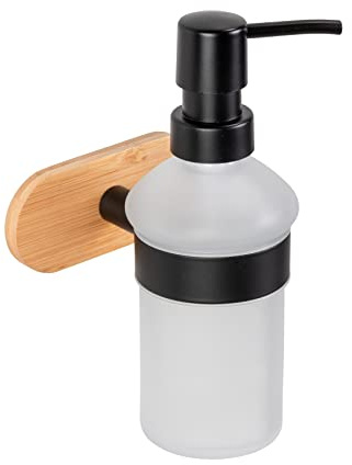 WENKO Turbo-Loc Seifenspender Orea Bamboo, nachfüllbarer Pumpspender aus satiniertem Glas kombiniert mit Bambus & Schwarz matt lackiertem Edelstahl, Befestigung ohne Bohren, 300 ml, 10 x 18 x 11 cm