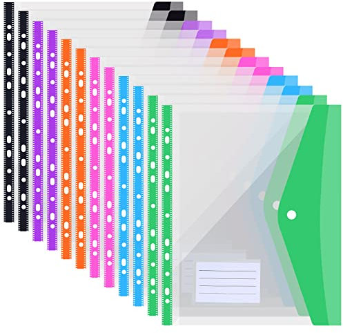 12 Stück Dokumententasche A4,Dokumentenmappe Sichttaschen mit Druckknopf und Etikettentasche, Erweiterbare Sammelmappe Dokumenten Taschen,6 Farben