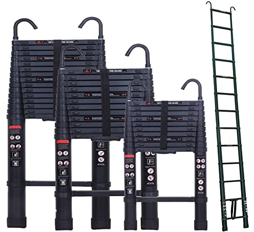 Scala telescopica in alluminio da 3,8 m con 2 ganci, scala da appoggio antiscivolo con 13 gradini, scala estensibile portatile per interni ed esterni, portata 150 kg, colore: nero