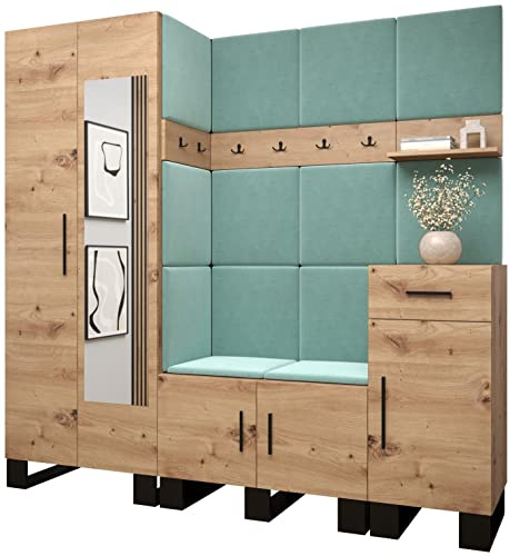 MEBLE KRYSPOL Garderobe Artin Set 13 mit gepolsterten Paneelen Industriell Design (Artisan Eiche + Manila 11 (Minze))