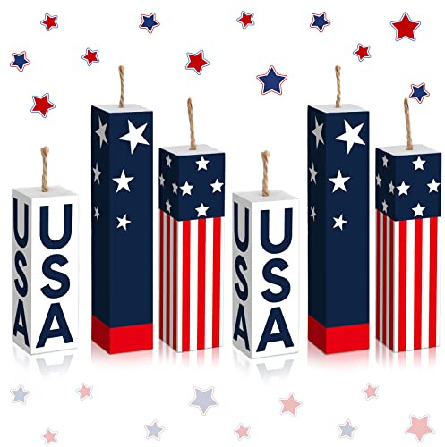 Tradder 6 Pcs Patriotic Tiered Tray Decor 4th of July Wooden Firework Decor 3.5 5 6 July 4th Wood Signs Centerpieces Independence Day Red White Blue Table Tiered Tray Decoration