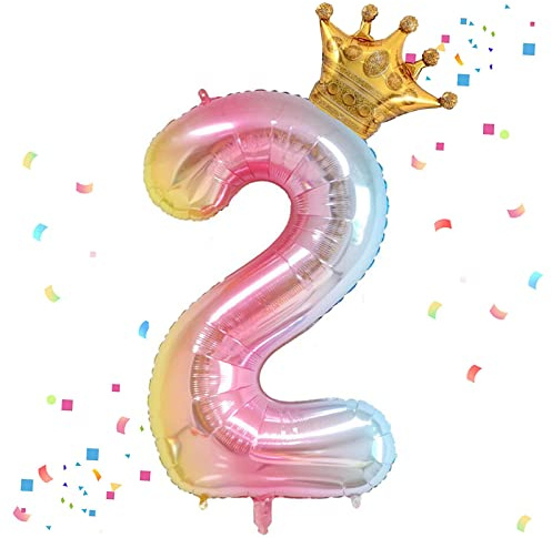 Rainbow Gradient Number 2 Balloon,40 Inch Giant Number 2 Balloon & Mini Crown Balloons for Girl 2nd Birthday Party Decorations,Foil Mylar Birthday Digital 2 Balloons