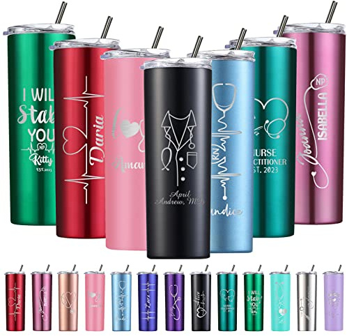 Hodmec Cadeaux pour infirmières Gobelet Personnalisé avec Couvercle et Paille Gobelet Isotherme 20 oz gravé au laser Gobelet en acier Inoxydable Personnalisé avec nom pour Hommes Femmes