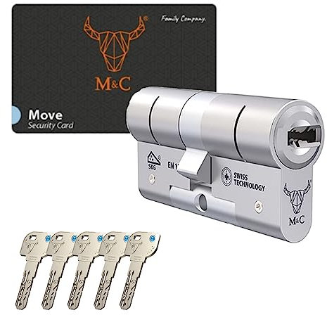 M&C Move Bombín Cerradura Alta Seguridad Anti Topolino Leva Larga Doble Embrague Seguridad Máxima SKG 3 Estrellas 32x32mm Anti Bumping Anti Taladro Níquel Pulido 5 Llaves Incluidas
