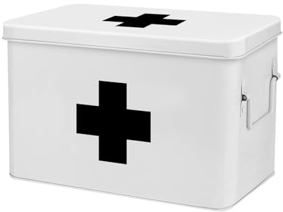 Flexzion First Aid Box Organizer Empty 13 White Vintage First Aid Kit Tin Metal Medical Box - First Aid Storage Box Container Bins with Dividers, Removable Tray and Black Cross Logo