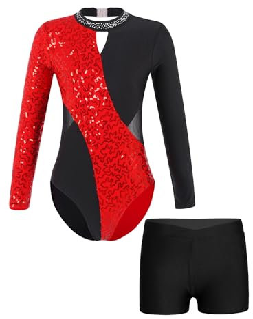 Oyolan Turnanzug Mädchen Kinder Gymnastikanzug Glitzernde Gymnastikbody Langarm Trikotbody Shorts Tanzkostüm Rot schwarz 134-140