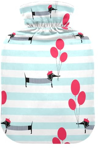 Wärmflasche und Bezug, Motiv: Pariser Dackel, Welpe, Luftballons, gestreift, weich, warm, für Winterbett, Hand, Hals und Schultern, 2 l