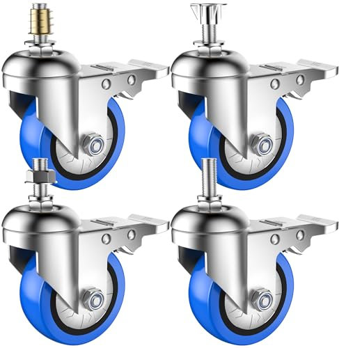 Deutnart Schwerlastrollen mit Gewinde, 75mm möbelrollen Gewindestift M10×25mm, Geräuschlose Rollen für Möbel, Lenkrollen mit Bremsen zum Transport, Belastung bis zu 300KG für Möbel Ausrüstung (Blau)