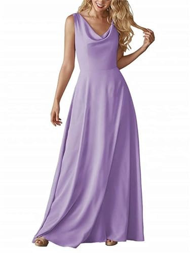 KURFACE Damen Kleid mit Wasserfallausschnitt Brautjungfernkleid ärmellos elegant lang Chiffon Abschlussball Abendkleid WSX448, Flieder, 56 Plus