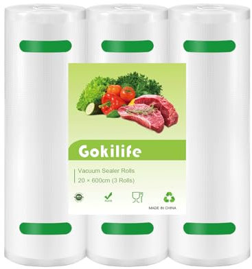 Gokilife Vacuum Sealer Bags Rolls - 3 Rolls 20 x 600 cm Sous Vide Bags (Total 12 m), BPA Free, Durable Commercial Customized Size Food Bags for Food Storage and Sous Vide Cooking