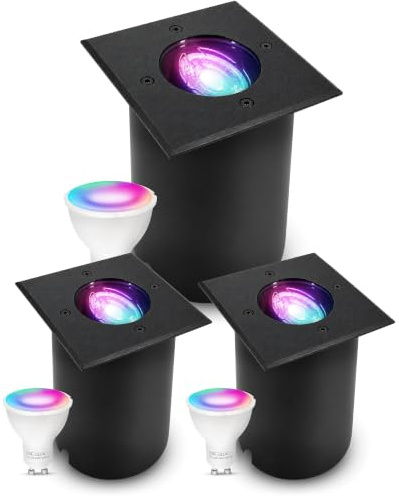 SSC-LUXon JUAVI Bodenleuchte 3 Stück rund IP67 Smart GU10 LED WLAN RGBW | Drei befahrbare Bodenstrahler bis 2000kg - per App & Alexa steuerbar, RGB-Farblicht, schwenkbar für Garten, IP67, inkl. LED