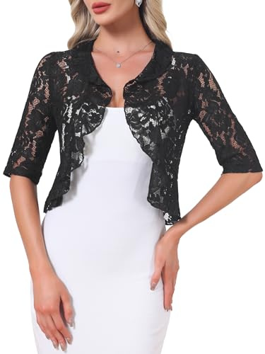 Allegra K Dam spets axelskydd 3/4 ärm bolero elegant volang ceremoni kort kofta, Svart, S