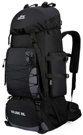 Fesky Wasserabweisender Rucksack mit 90 l Fassungsvermögen, groß, verstellbar, für Reisetasche, wasserdicht, Camping, Wandern, Trekking, Rucksack für Herren und Damen, 85 cm x 38 cm x 26 cm, Schwarz