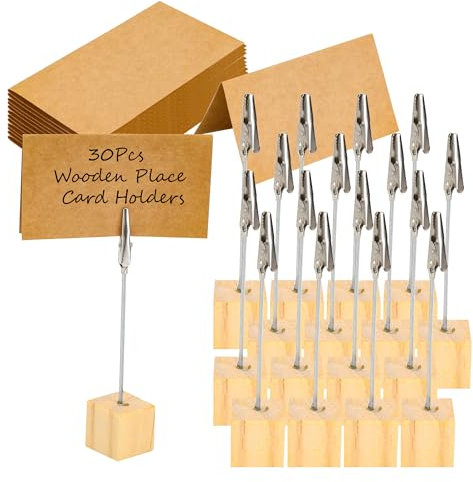 YKUKIZEE 30Pcs Wooden Place Card Holders with Memo Clips and Kraft Place Cards, Rustic Wooden Table Number Stands, Memo Clip Holder for Photo Name Sign Party