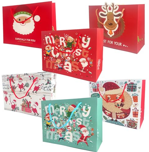 BOOSHMall Geschenktüten Weihnachten, Weihnachtsgeschenktüte, 6 Stück groß Weihnachtstüten, Papiertüten Weihnachtstaschen mit Griffen, Wiederverwendbare Weihnachtsgeschenktüten, 30 x 27 x 12 cm
