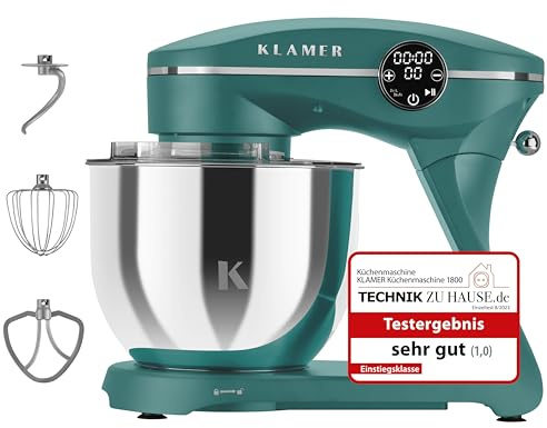 KLAMER Küchenmaschine 1800W, Knetmaschine Brotteig mit 6L Edelstahlschüssel | 10 Geschwindigkeiten und Timer, Planetenrührwerk, Knethaken, Flachrührer und Schneebesen, transparenter Sichtdeckel