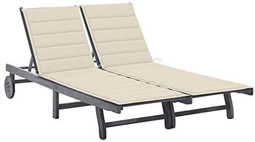 Sufrk 2-Personen-Sonnenliege mit Auflage Grau Akazie Massivholz Outdoor Sonneninsel mit Dach Gartenliege Liege Insel Gartenmöbel - 3061391