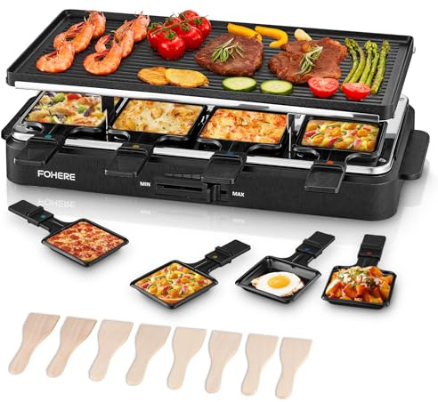 FOHERE Raclette Grill, 2 in 1 Raclette Table Grill Indoor, 1500W Korean BBQ Grill Electric Griddle with Reversible Non-stick plate, Adjustable Temp Control and 8 Paddles for Parties and Family Fun