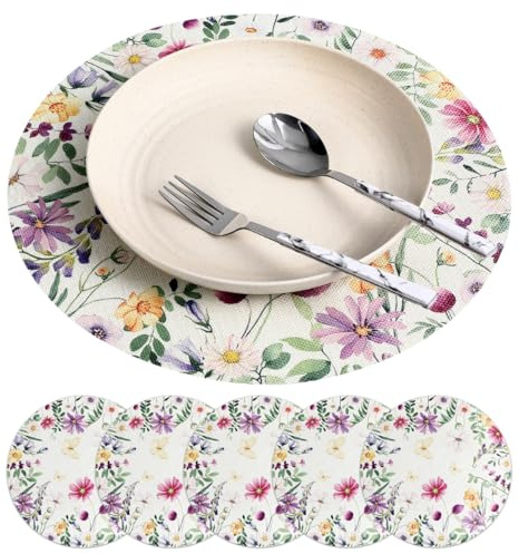Cabilock 6 Stück Runde Leinen Tischsets 13.8 Zoll Blumen Design Platzsets Waschbar Für Küche Und Esstisch Bauernhaus Dekoration