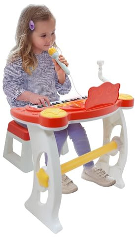 Children's Electronic Keyboard Piano Set with Microphone, 22 Demo Songs, LED Lights, Recording Function, Red and White