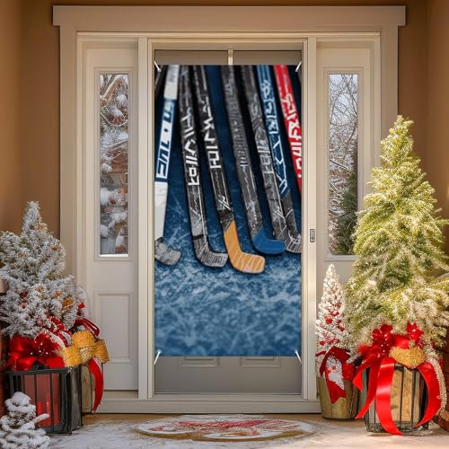 Welcome Door Cover Decoration Ice Hockey Sticks Door Cover Banner Door Hanging Banner Porch Sign Hanging Banner Background Banner for Front Door Wall Windows