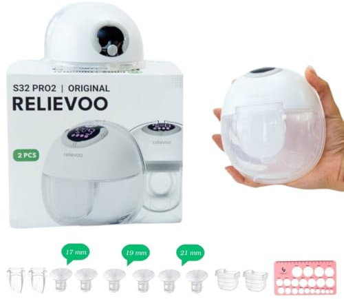 Relievoo Hands-Free Wireless Breast Pump - Hospital-Grade Extraction with 4 Modes & 9 Levels - Discreet, Silent & Portable - 24mm - Includes 17/19/21mm Flanges, Travel Bag & Nipple Measurement Tool