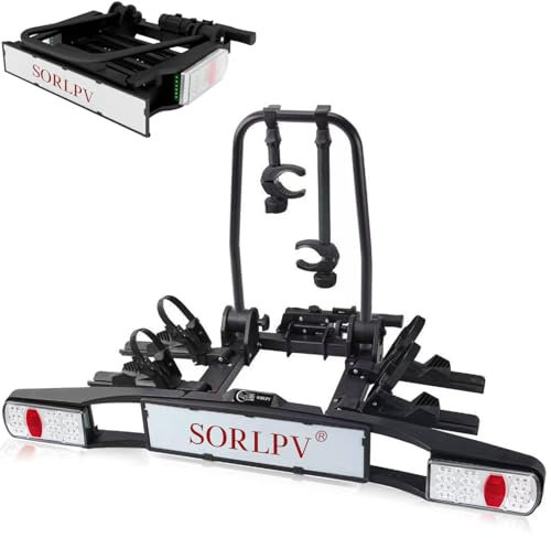 Sorlpv Portabici per gancio di traino, 2 biciclette/e-bike, supporto frizione auto con luci posteriori a LED, pieghevole e richiudibile, portata massima 60 kg