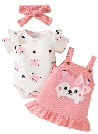 UUAISSO Vestiti per neonati Bambina Cuore Stampa Manica Corta Tutina Bretelle Gonna Orso Vestito Fiocco Fascia 0-18 Mesi Volpe Rosa 6-12 mesi