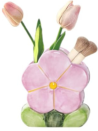 Yizzwtc Porte Pinceau de Maquillage, Pot à Crayon en Céramique, Vase en Forme de Fleur Chandelier Bougeoir pour Fleurs, Bougies, Pinceaux Cosmétique Papeterie (Violet, 10.9L x 12.4H x 7.1W cm)