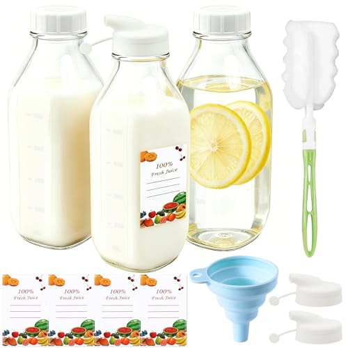 Mssushi 3 Pack Square Wide Mouth Glass Milk Bottle 1000ml,Glass Juice Bottles with Lids for Smoothies,Juice,Milk,Homemade Beverages,Hot Cold Drinks,Juicing Bottles with Pour Spout