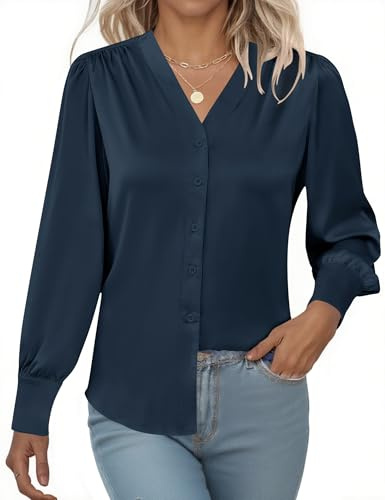 Rapbin Dam V-hals Toppar Långärmad för damer Button Down Casual Blusar Sommar 2025 Affärsskjortor