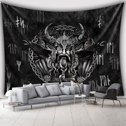 Arsey Tapiz decorativo vikingo con Odin y cuervos, tela de pared con runas, ideal para la mitología nórdica y los amantes vikingos, 300 x 180 cm, color negro