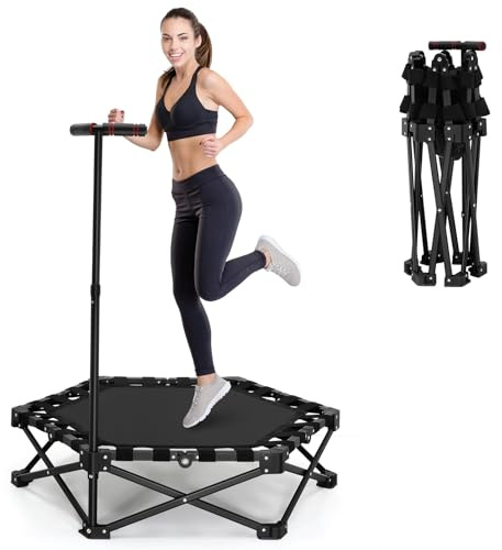 Trampolin Ø101cm,Faltbares Fitness-Trampolin für Jumping Fitness,Tragfähigkeit 150 kg,Verstellbare Handlaufhöhe,Ausdauertraining,Verschiedene Personengruppen (Schwarz)