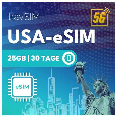 travSIM USA eSIM | 25 GB mobildata med 4G/5G-hastigheter för USA – full tillgång till Google, Facebook, Whatsapp med mera | eSIM USA-plan med 30 dagars giltighet